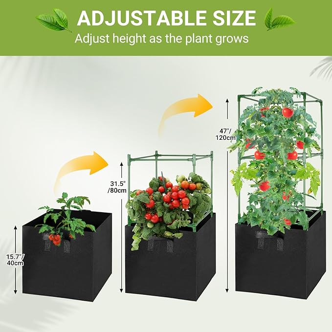 6 Pack Tomato Cages with 17 Gallon Grow Bags, 47” Heavy Duty Square Tomato Plant Stakes Support Cages Trellis for Garden Climbing Vegetables Flowers Fruits (47IN Tall, Extra-Bold)