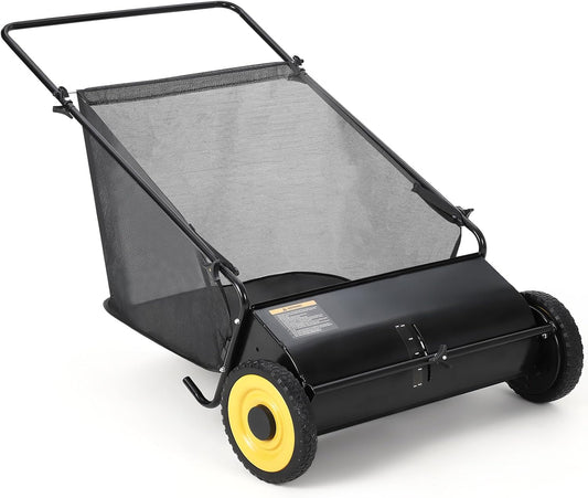 GAOMON 26-Inch Push Lawn Sweeper, Grass, Lawn and Leaf Cleanup Collector with Large 7 cu. ft. Hopper Bag, and Dual Spinning Brushes, Black