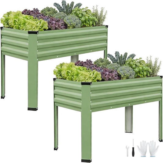 Galvanized Raised Garden Bed with Legs 2Pack, 48x24x32in Elevated Raised Garden Bed Outdoor with Drainage Holes, Planter Boxes for Gardening Vegetable Flower in Backyard, Patio, Balcony (OliveGreen)