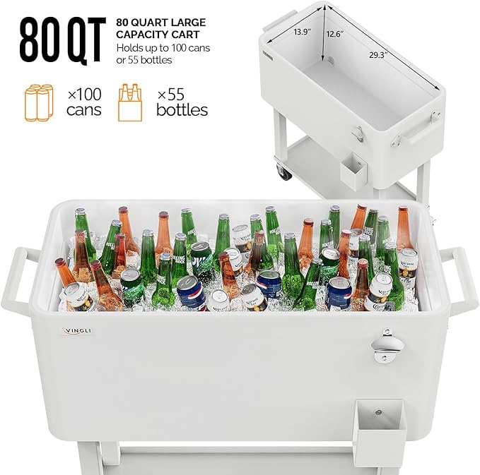 VINGLI 80 Quart Rolling Ice Chest, Portable Patio Party Bar Drink Cooler Cart, with Shelf, Beverage Pool with Bottle Opener
