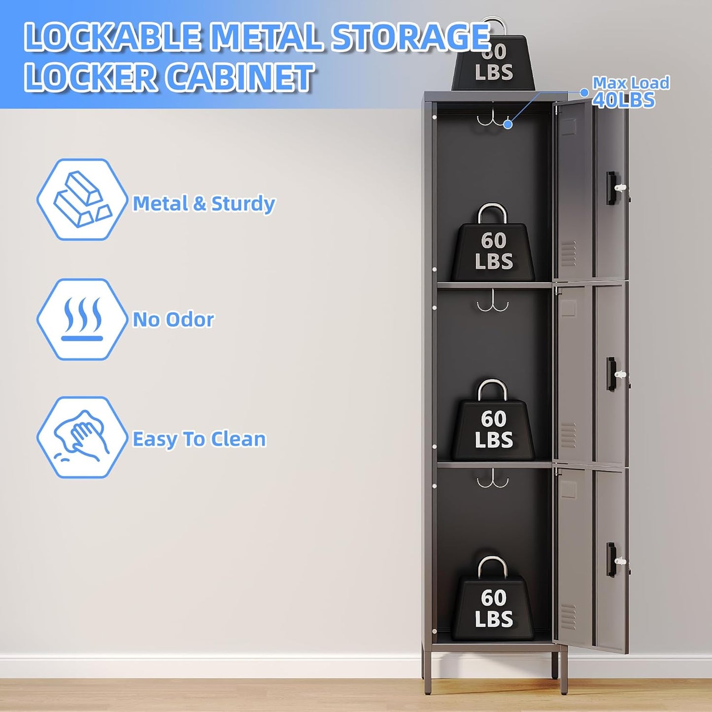 66" H*15.75" D*15.75" W Steel Storage Cabinet,3 Doors Metal Storage Locker for Employees,Employee Lockers with Lock,Hooks and Card Slot for School Gym Home Office, Assembly Required,Dark Grey,240 LBS