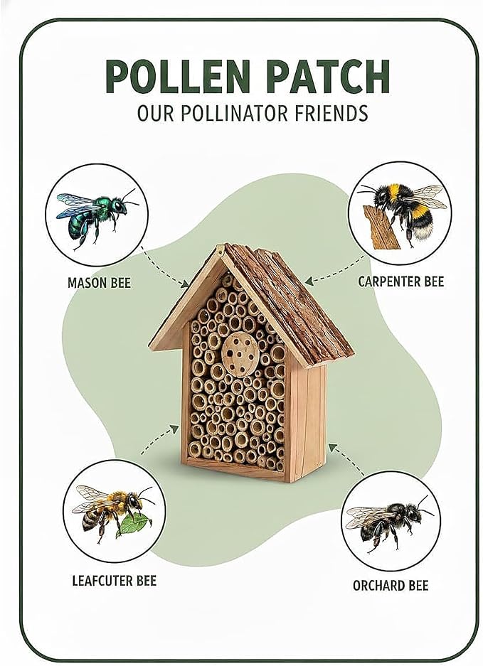Redwood Mason Bee House - Solitary Insect Hotel & Wooden Nesting Habitat | Leafcutter Bee Hive with Easy-Hang Jute Rope | Outdoor Garden Decor & Weatherproof Beneficial Bug Home for Pollinators