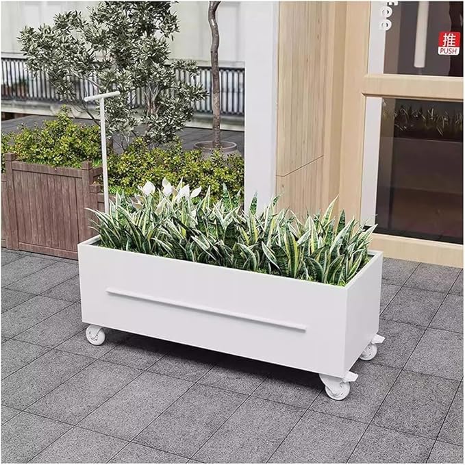Etlegor Raised Garden Bed Outdoor with Wheels, Metal Planter Box Used Outside Coffee and Milk Tea Shops Enhance The Store Image(White,120x40x40cm)