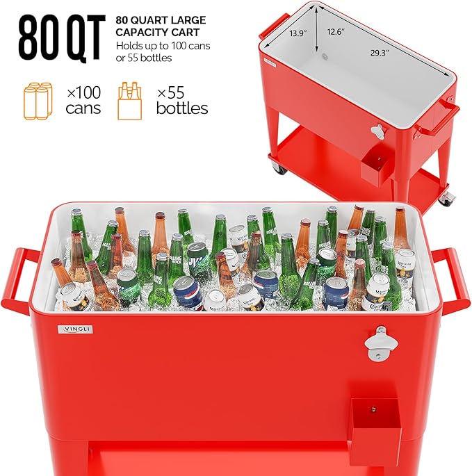VINGLI 80 Quart Rolling Ice Chest, Portable Patio Party Bar Drink Cooler Cart, with Shelf, Beverage Pool with Bottle Opener