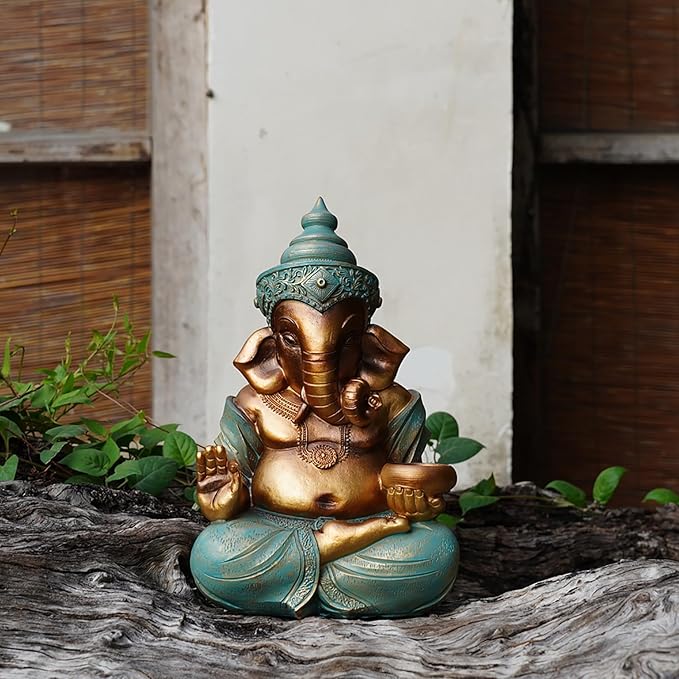 Ganesh Statue 12.6inch Outdoor Garden Ornament with Tealight Candle Holder,Resin Hindu God Buddha Art Craft Gift Decor for Home,Multi Colored