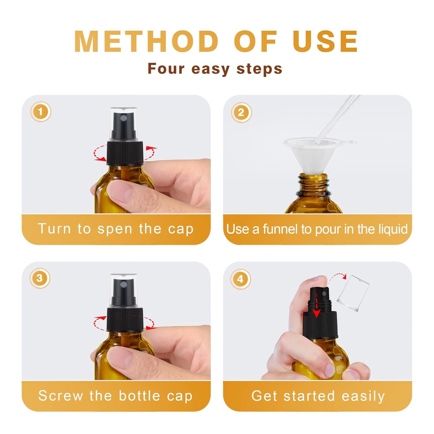 4 pcs Amber Glass Spray Bottles 2oz, Empty Small Spray Bottle Fine Mist Refillable Sprayer with Funnel Labels Droppers,Mini Travel Bottle for Essential Oils,Hair and Cleaning Solutions
