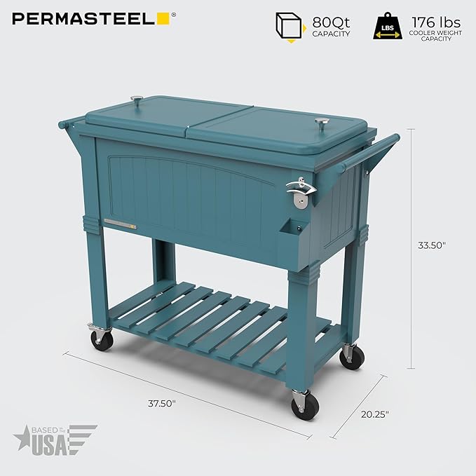 Permasteel 80-Qt Large Antique Patio Cooler with Wheels & Handles, Outdoor Rolling Beverage Cooler Cart with Bottom Storage Shelf, Wood-Style Hard Can Cooler for Outside, Teal Blue Green