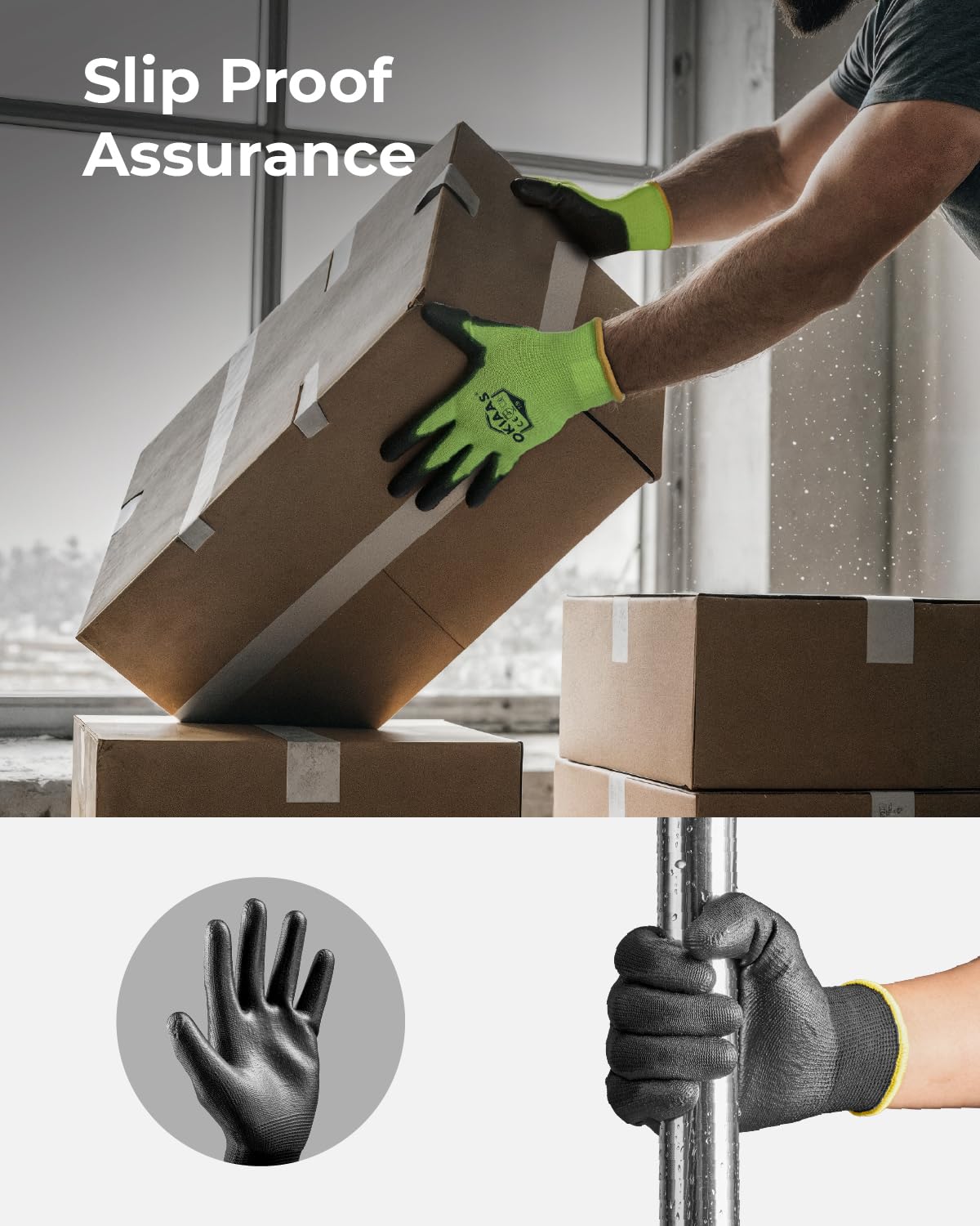 OKIAAS Work Gloves for Men，Ultra Thin and Lightweight Working Gloves with Grip, 12 Pairs Bulk Pack Construction Gloves with Polyurethane Coating, Safety Gloves for Light Duty Work (Green, Large)
