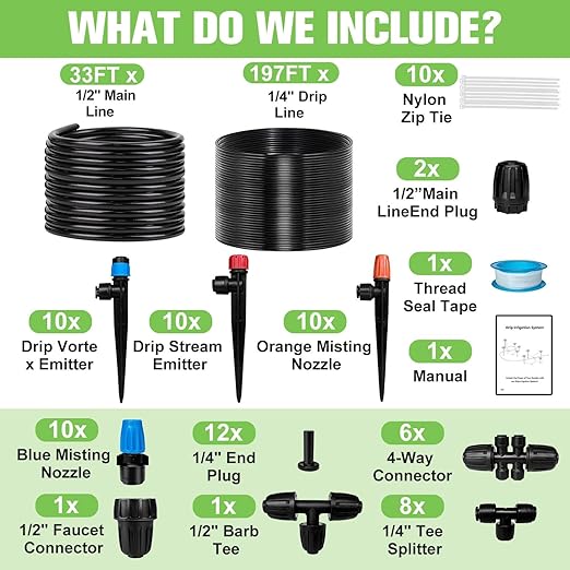 230FT Drip Irrigation System for Garden with 40 Nozzles & Emitters, Garden Watering System with 1/2" & 1/4" Tube and Barbed Fittings - Adjustable Sprinklers Kit for Greenhouse, Lawn, Raised Bed