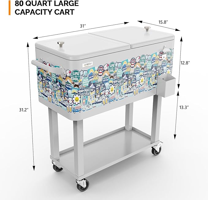 VINGLI 80 Quart Rolling Ice Chest, Portable Patio Party Bar Drink Cooler Cart, with Shelf, Beverage Pool with Bottle Opener