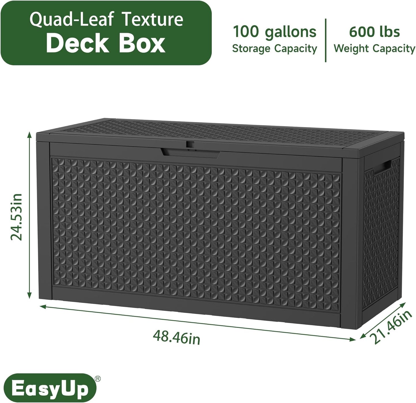 100 Gallon Outdoor Storage Box Waterproof, UV Resistant Resin Deck Box with Hydraulic Rod, Reinforced Stability for Patio, Garden, Quad Leaf Black