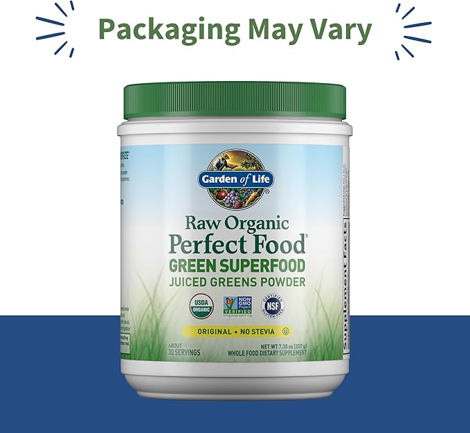 Garden of Life Raw Organic Perfect Food Green Superfood Juiced Greens Powder - Original Stevia-Free,30 Servings,Non-GMO,Gluten Free Whole Food Dietary Supplement,Alkalize,Detoxify,Energize,(Pack of 2)