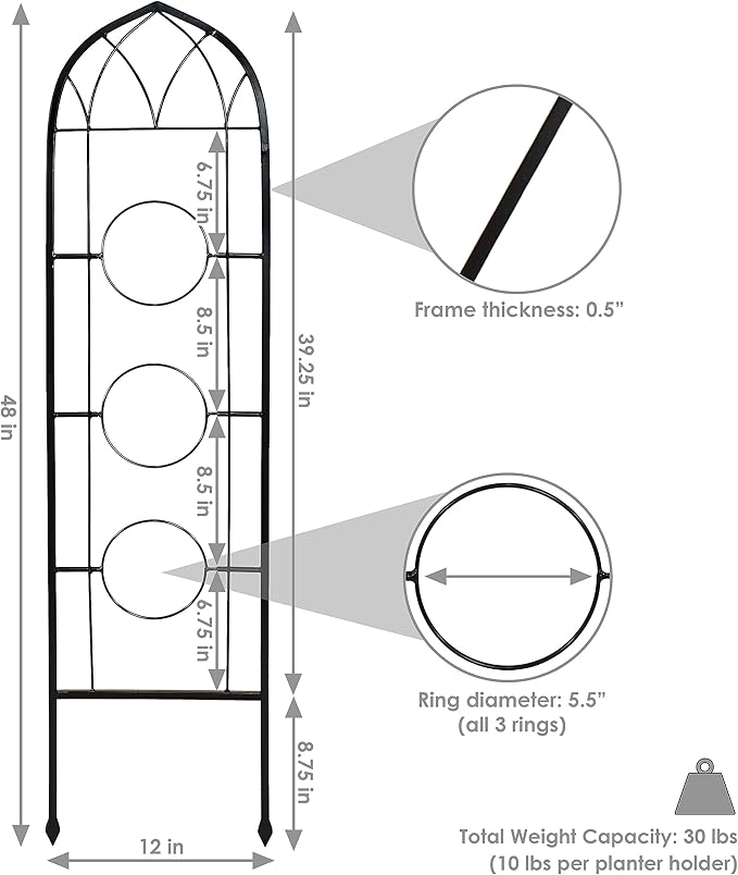 Sunnydaze Steel 2-Piece Arched Garden Trellis for Climbing Plants with 3 Folding Flowerpot Supports - 48"