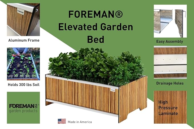 Foreman Raised Garden Bed 10 Year Warranty 36”Lx24”Wx14”H Premium Plastic Wood Grain Aluminum Frame Elevated Planter Box for Backyard Patio Balcony, Zebrano