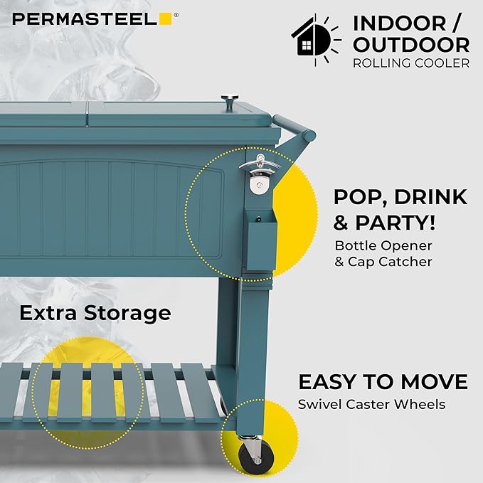 Permasteel 80-Qt Large Antique Patio Cooler with Wheels & Handles, Outdoor Rolling Beverage Cooler Cart with Bottom Storage Shelf, Wood-Style Hard Can Cooler for Outside, Teal Blue Green