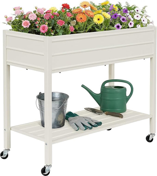 ZORMY 32" Tall Galvanized Raised Garden Bed with Legs Wheels & Shelf, Elevated Planter Box Outdoor for Vegetables, Herbs & Flowers, Patio & Backyard, Garden Bed with 400lb Capacity，White