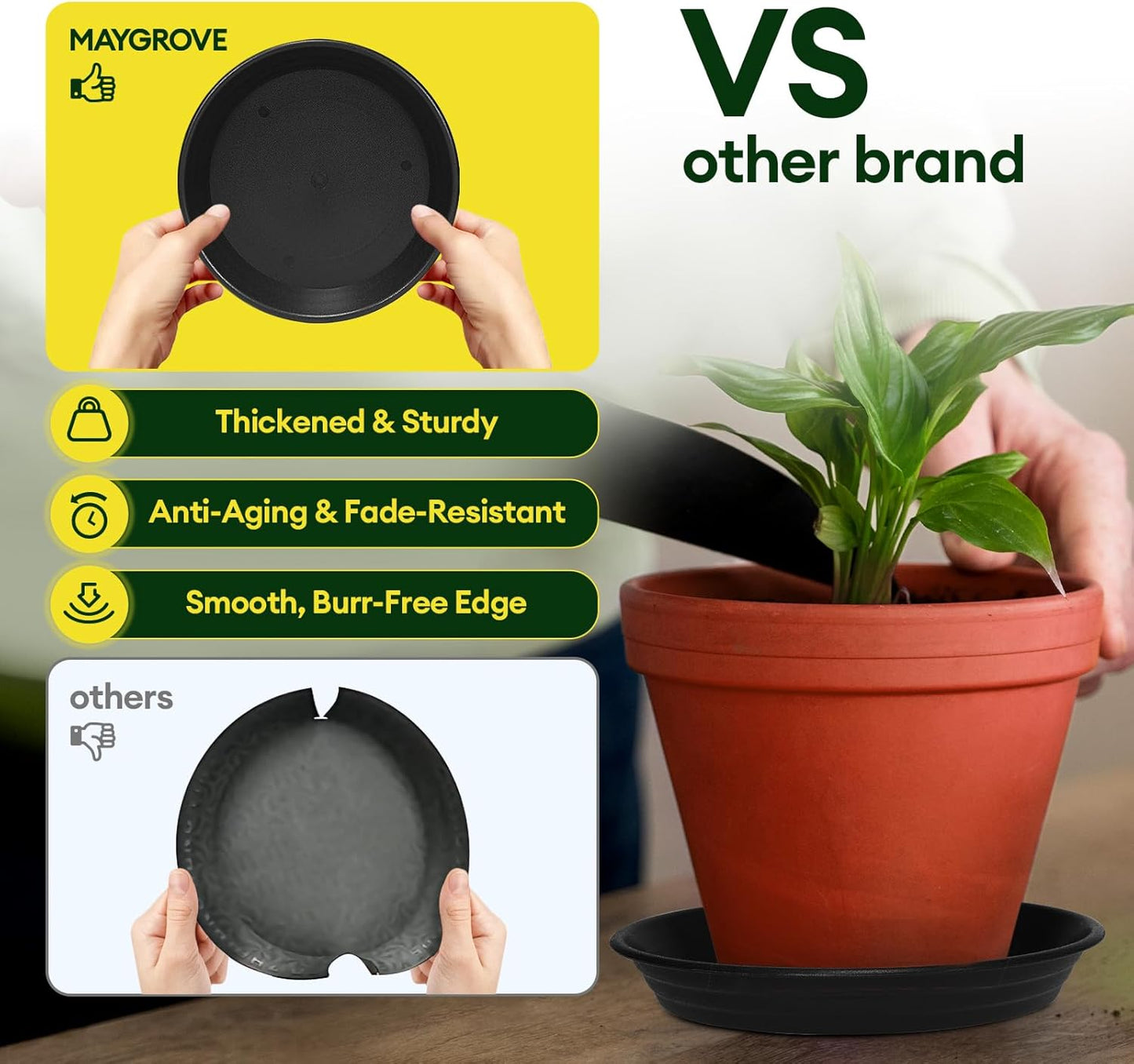 6 Pack Plant Saucer, 8 10 12 inch Plant Saucers for Indoor, Heavy Duty Plastic Plant Trays for pots, Grow Bags, Bird Baths, Flower Drip Trays for Indoor and Outdoor Uses (12", Black)
