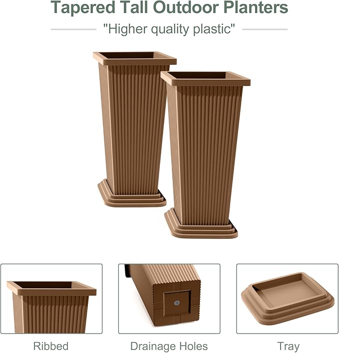 Set of 2 Large Planters for Outdoor Plants 24" Tall Tapered Modern Flower Pots with Drainage Tray for Garden, Patio, Porch (Brown Ribbed)