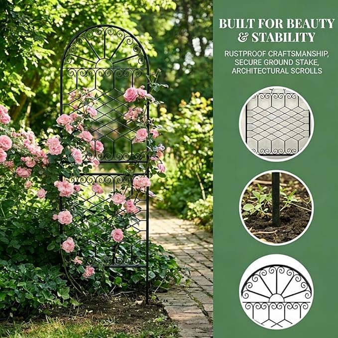 SCENDOR 70.8" H x 24.5" W Heavy-Duty Iron Garden Trellis, Arched Decorative Plant Support with Scrollwork, Rustproof Metal Trellis for Climbing Roses, Clematis, and Vines, for Lawn 1 Pack