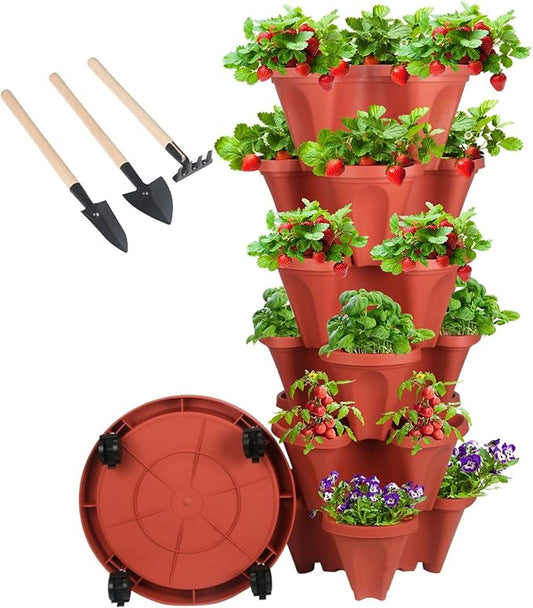 GameXcel Vertical Planter Tower- 6 Tier Stackable Garden Planter with Wheels and Tool Set – Grow Strawberries Herbs Flowers and Vegetables - Indoor Outdoor Use Red