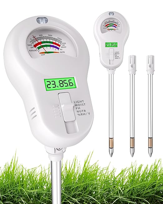 6-in-1 Soil Moisture Meter with 3 Probes, PH/Sunlight/Soil Moisture/Fertility with 3 Removable Probe, Digital Air Temp/Humidity, Soil Tester for Garden, Lawn, Indoor and Outdoor Plants