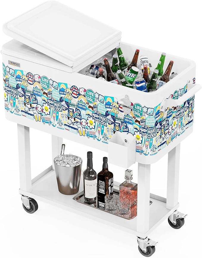 VINGLI 80 Quart Rolling Ice Chest, Portable Patio Party Bar Drink Cooler Cart, with Shelf, Beverage Pool with Bottle Opener