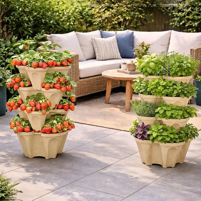 Vertical Garden Planter 4 Tier Stackable System 16 Plants, Space Saving Herb, Strawberry & Food Crop Planter with Center Support Hole for Indoor Outdoor Gardening (4, Desert Sand, Large)