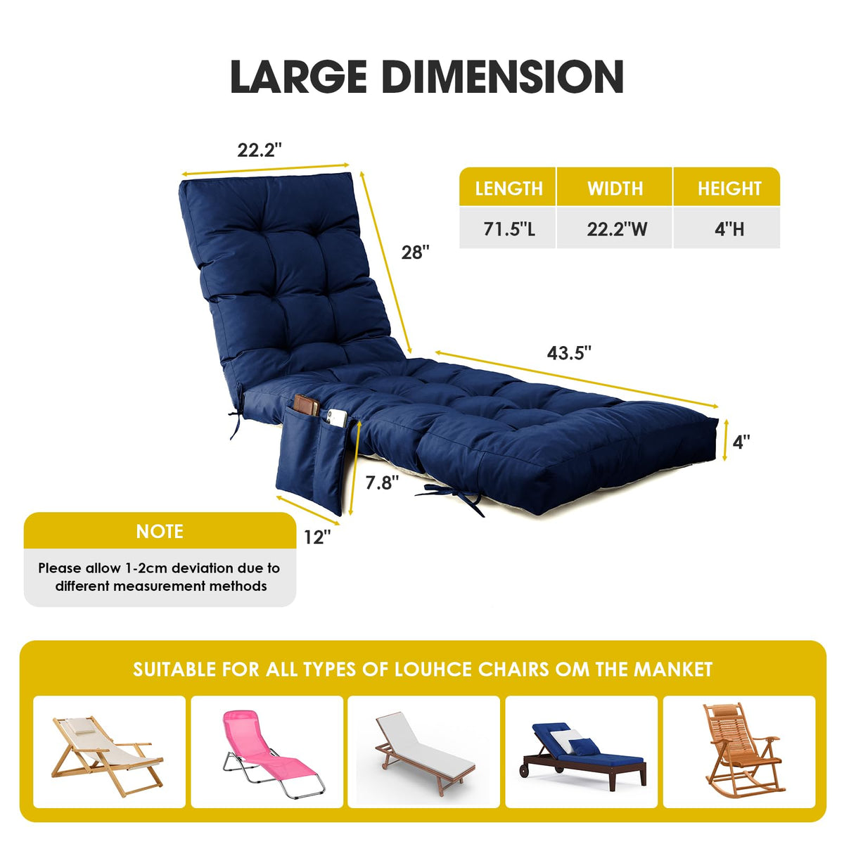 Outdoor Chaise Lounge Chair Cushion (Navy Blue / 72x22.4x4.7)