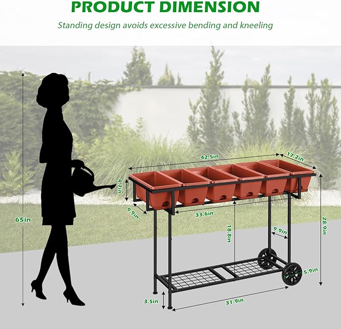Vrisa Elevated Raised Garden Bed Outdoor with Legs 43x17x29 in Plastic Standing Planter Box with Storage Shelf and Wheels Vegetables Herbs Flowers Gardening Boxes for Backyard, Patio, Balcony, Black