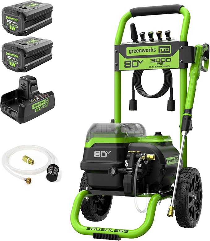 Greenworks 80V 3000 PSI Pressure Washer (2.0 GPM), (2) 4.0Ah Batteries and Dual Port Rapid Charger, Powerful Enough to Remove Pesky Dirt and Grime on Siding, Fences, Patios, Driveways, and Sidewalks