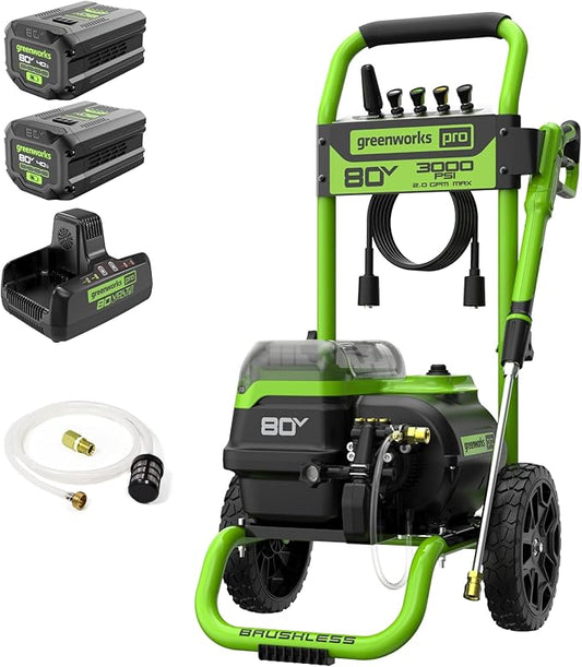 Greenworks 80V 3000 PSI Pressure Washer (2.0 GPM), (2) 4.0Ah Batteries and Dual Port Rapid Charger, Powerful Enough to Remove Pesky Dirt and Grime on Siding, Fences, Patios, Driveways, and Sidewalks