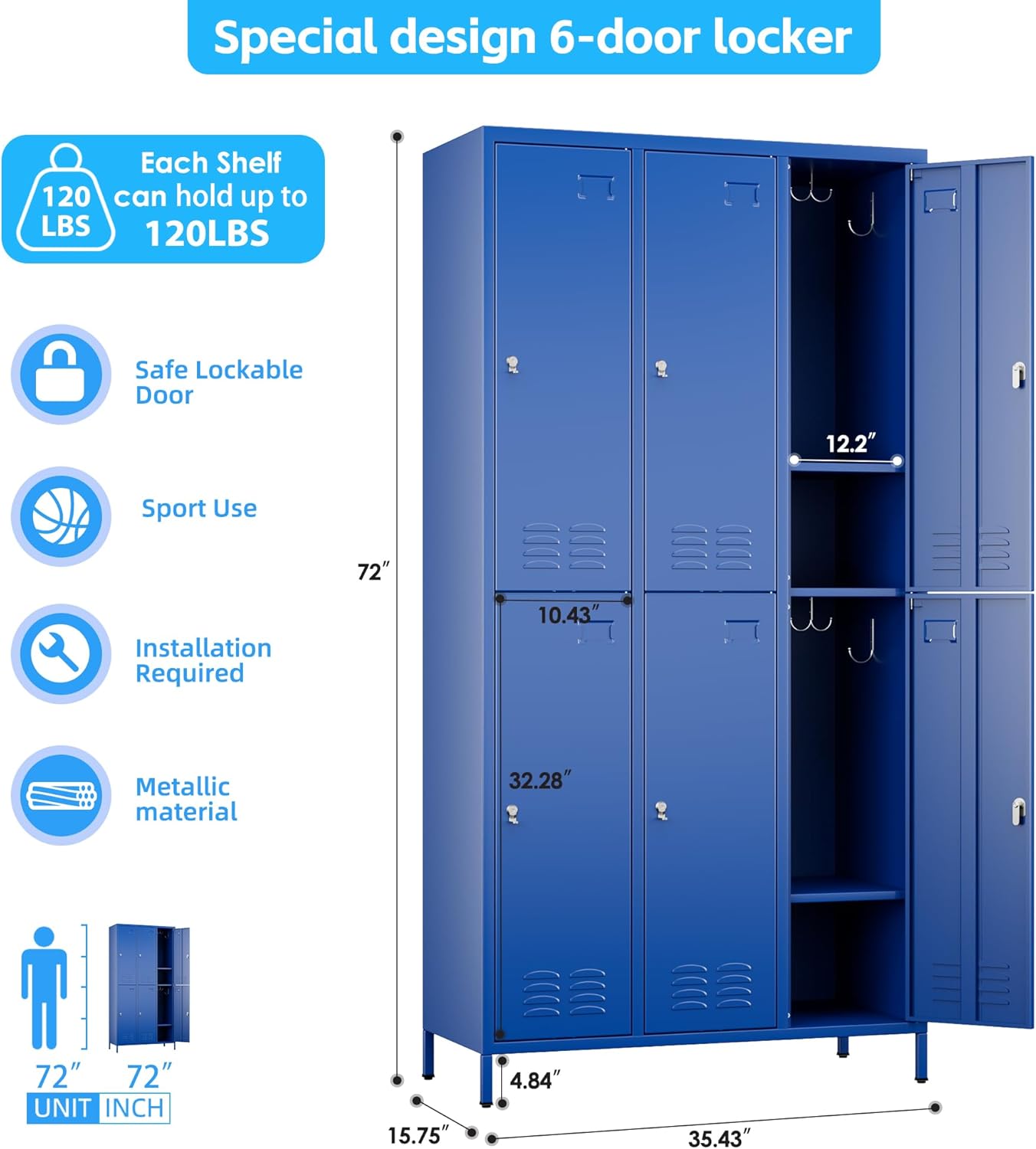 6 Doors Metal Locker for Employees with 18 Hooks and Business Card Holder,Metal Locker with Ventilation Holes for School Garage Office Gym Home,Assembly Required,Blue