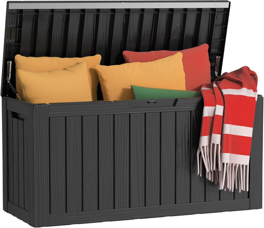 80 Gallon Outdoor Storage Box Waterproof, UV Resistant Resin Deck Box with Hydraulic Rod, Reinforced Stability for Patio, Garden, Striped Black