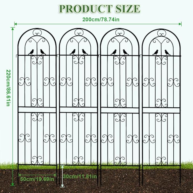 Metal Garden Trellis, 86.7" H x 19.7" W Black Coated Wire Lattice Panel, Sturdy Plant Support for Climbing Roses Vines Cucumbers Vegetables Outdoor Patio Yard (4 Packs)