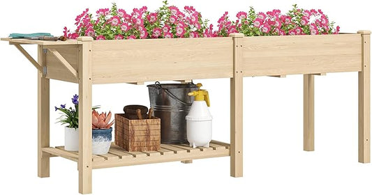 Outsunny Raised Garden Bed, Wood Elevated Planter Box with Side Table, Bottom Shelf, Outdoor Raised Planter with Bed Liners, Drainage Holes for Vegetable Flower, 81.5 x 23 x 31 in, Natural