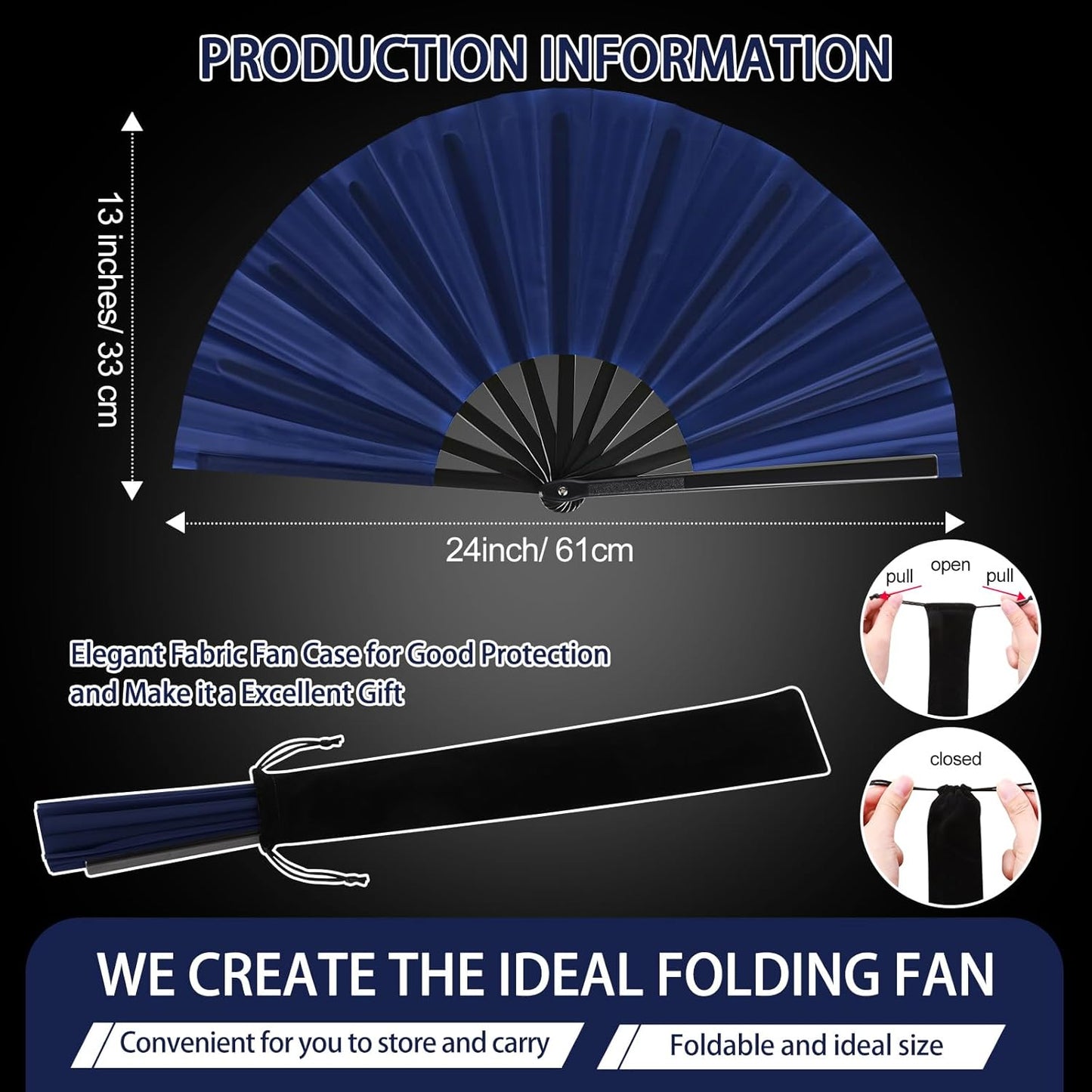 Blulu 4 Pcs 13 Inch Large Folding Hand Fans for Line Dancing Big Clapping Popping Raves Fans Bulk for Dancing Boots on the Ground Festival Party Decoration(classic Style, Navy, 13 Inch)