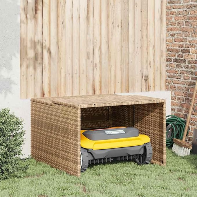 vidaXL Robot Mower Garage - Poly Rattan, Durable Lawn Mower Storage Shed, Beige, Weather-, 33.9"x35.4"x20.5"/22.4"