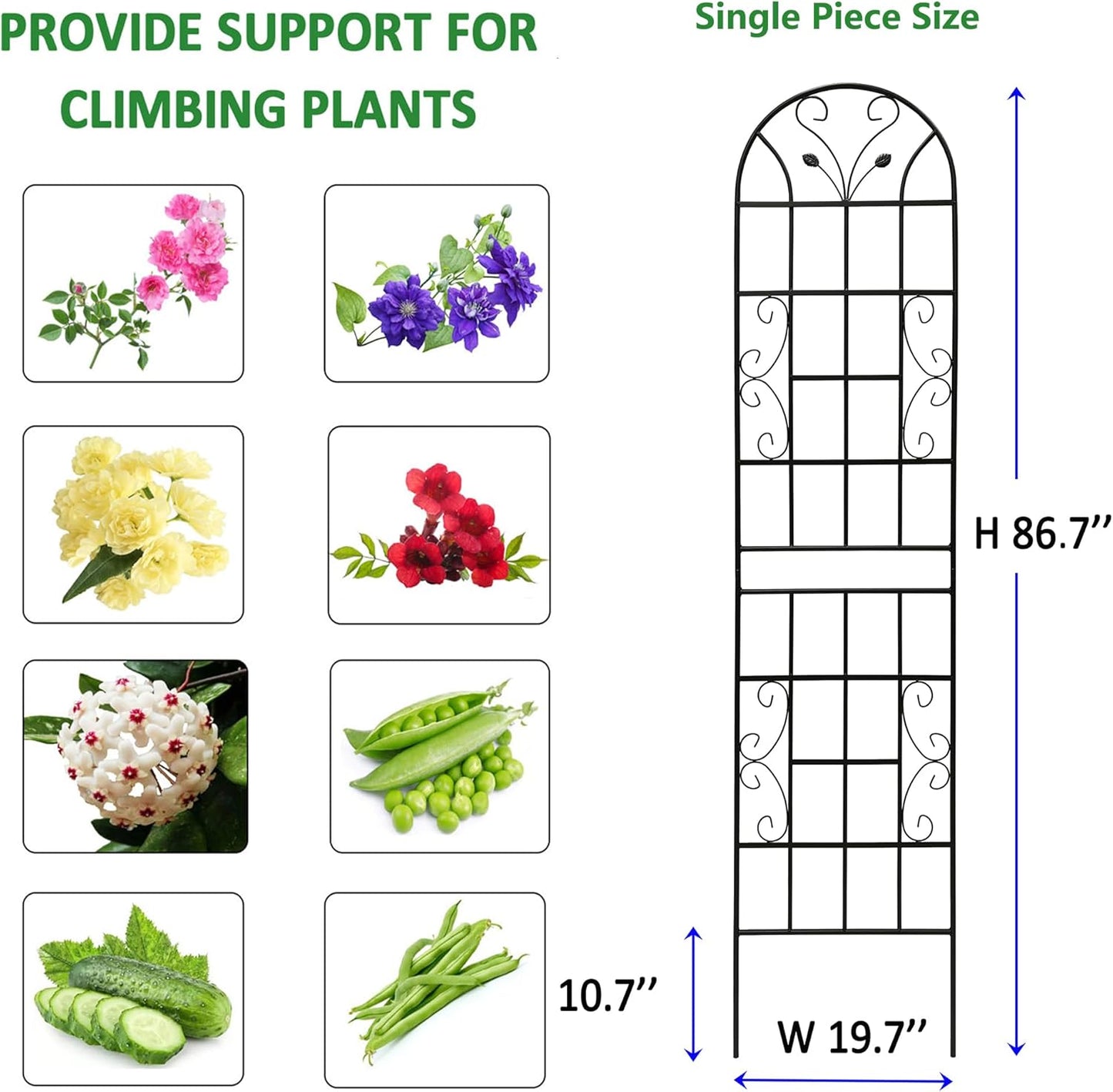 6 Pack Metal Garden Trellis 86.7" Tall Outdoor Climbing Plant Support for Roses, Flowers, Rustproof Durable Black Galvanized Tube, Lawn Garden Fence Decor Screen, 86.7" H