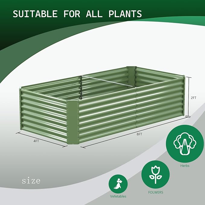 FRIZIONE 8FT(L)×4FT(W)×2FT(H) Raised Garden Bed Outdoor for Flower, Garden Planter Box for Vegetable, Raised Garden Beds for Herb, Succulent, Light Green