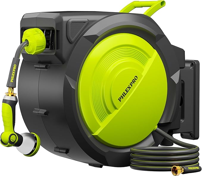 160 FT x 1/2" Retractable Garden Hose Reel - Phlexpro Heavy Duty Automatic Wall Mount Hose Reel with 3/4in Brass Fitting,10 Pattern Nozzle, Any Length Lock Slow Retraction 180° Swivel