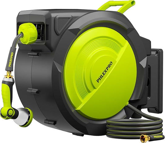 160 FT x 1/2" Retractable Garden Hose Reel - Phlexpro Heavy Duty Automatic Wall Mount Hose Reel with 3/4in Brass Fitting,10 Pattern Nozzle, Any Length Lock Slow Retraction 180° Swivel