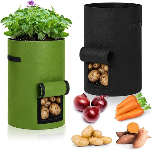 2 Pack 30 Gallon Potato Grow Bags with Harvest Window, Durable Garden Planter Bags with Handles for Potatoes, Tomatoes, and Vegetables - Indoor & Outdoor Gardening Supplies (Black,Green)