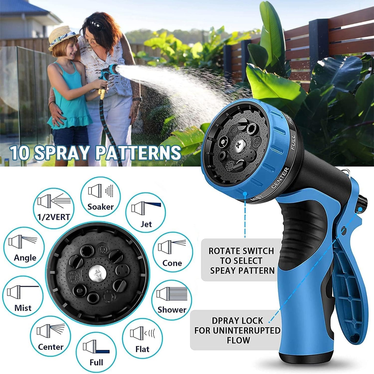 50 ft Expandable Garden Hose - Kink Free Flexible Water Hose 50ft with 10 Pattern Spray Nozzle, 3/4 Solid Brass Connectors, Retractable Latex Core - Lightweight Expanding Hose
