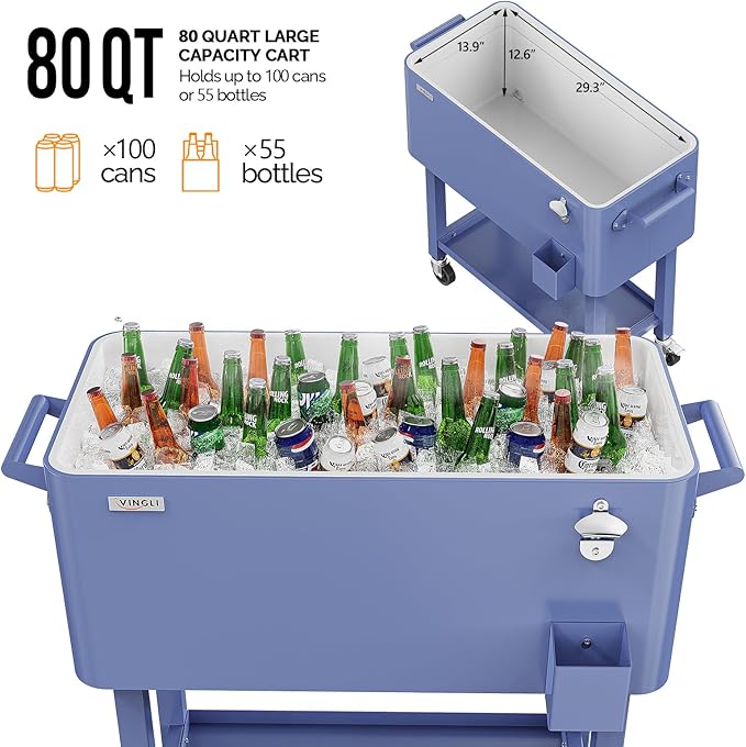 VINGLI 80 Quart Rolling Ice Chest, Portable Patio Party Bar Drink Cooler Cart, with Shelf, Beverage Pool with Bottle Opener
