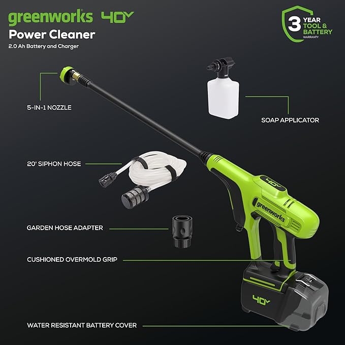 Greenworks 40V (600 PSI 0.8 GPM) Power Cleaner, 2Ah USB Battery and Charger Included