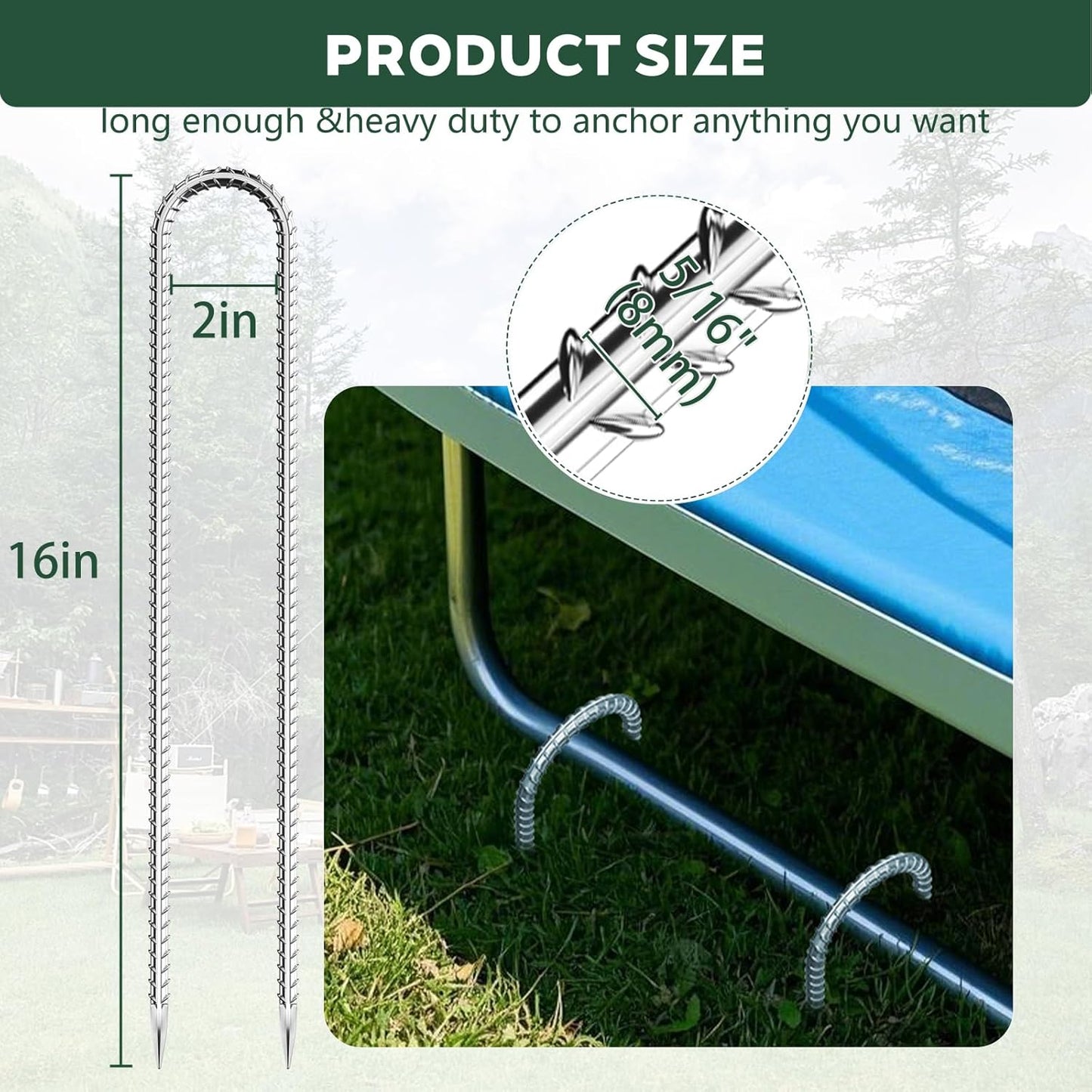 10 PCS Trampoline Stakes Anchors High Wind Heavy Duty,U Shaped Garden Hooks Stakes for Ground,Trampoline Tie Down Anchor Kit,Bounce Horseshoe House Stake,Rebar Camping Tent Stakes,16 Inch Long Silver