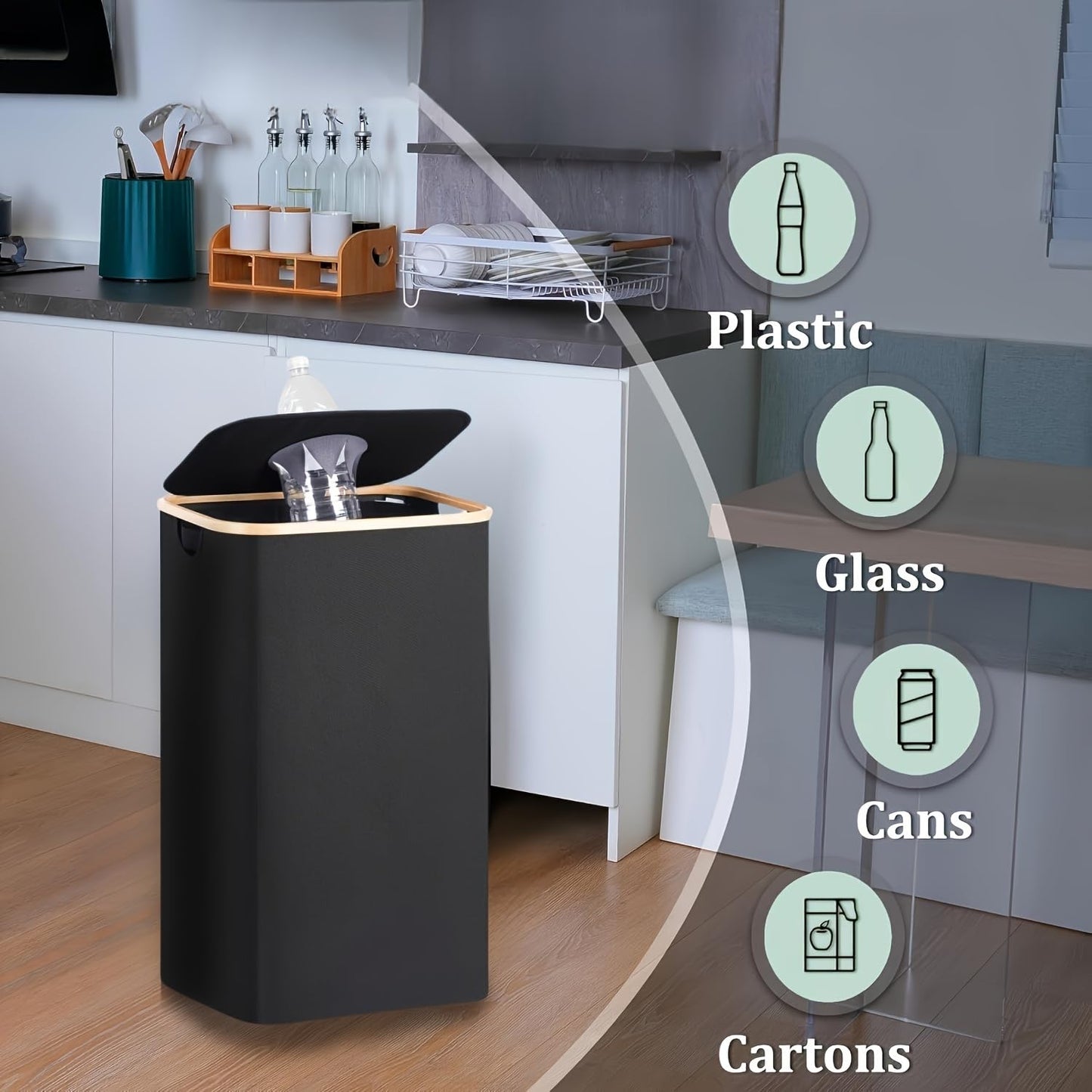 Indoor Recycling Bins for Kitchen,Kitchen Trash Can with Lid, Large 26-Gallon 100-Liter Capacity, Detachable and Reusable Inner Bag, Suitable for Bottles, Cans, and Glass，Grey