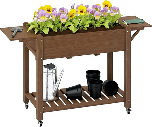 Outsunny Raised Garden Bed, 57 x 20.5 x 34 in Wood Elevated Planter Box with Lockable Wheels, Side Tables and Bottom Shelf, Outdoor Raised Planter with Bed Liner and Drainage Holes, Carbonized