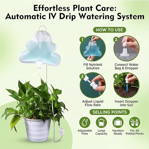 Zhengmy 12 Pcs Cloud Plant Drip Irrigation Self Watering Devices with Flow Regulator, Automatic Plant Watering System with 500ml Drip Water Bag and Support Rod Stake for Potted Indoor Outdoor Waterer