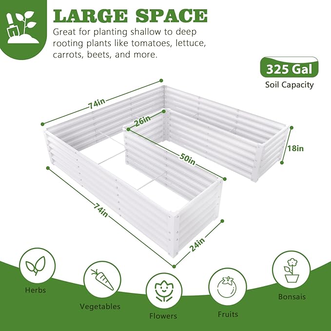 A ANLEOLIFE U-Shaped Outdoor Galvanized Raised Garden Bed, 6x6x1.5ft, Center-Access Bottomless Planter Box, 22-Gauge Corrugated Metal, Reinforced Bracing Rods, Antique White